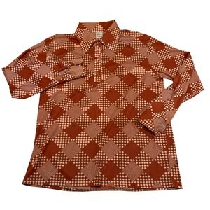 Vintage 70s Disco Barclay Polo Shirt Men XL Geometric Diamond Knit Pullover Rust